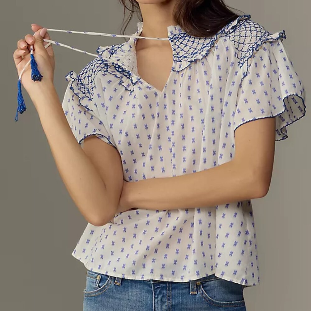 Anthropologie Pilcro Short-Sleeve Smocked Clip Dot Blouse (NEW XXS - oversized)